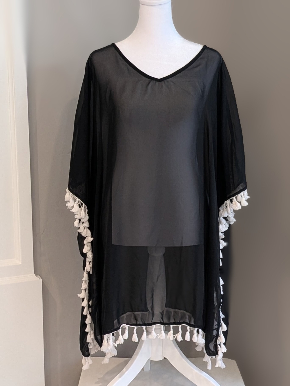 Black Sheer Tassel-Trim V-Neck Swim Cover-Up 2X